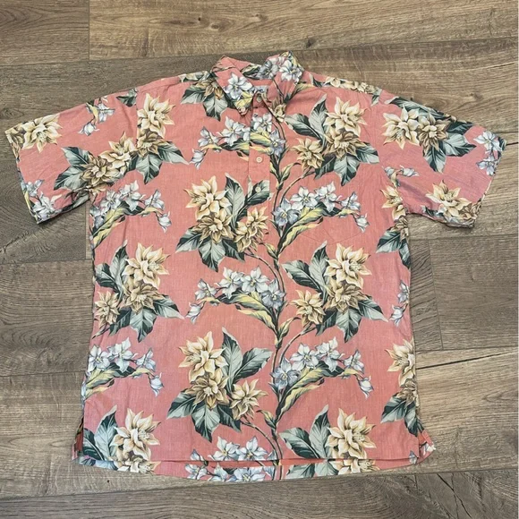 REYN SPOONER Vintage Mens 1/4 Button Pull Over Pink Hawaiian Shirt Size Medium - Picture 1 of 8